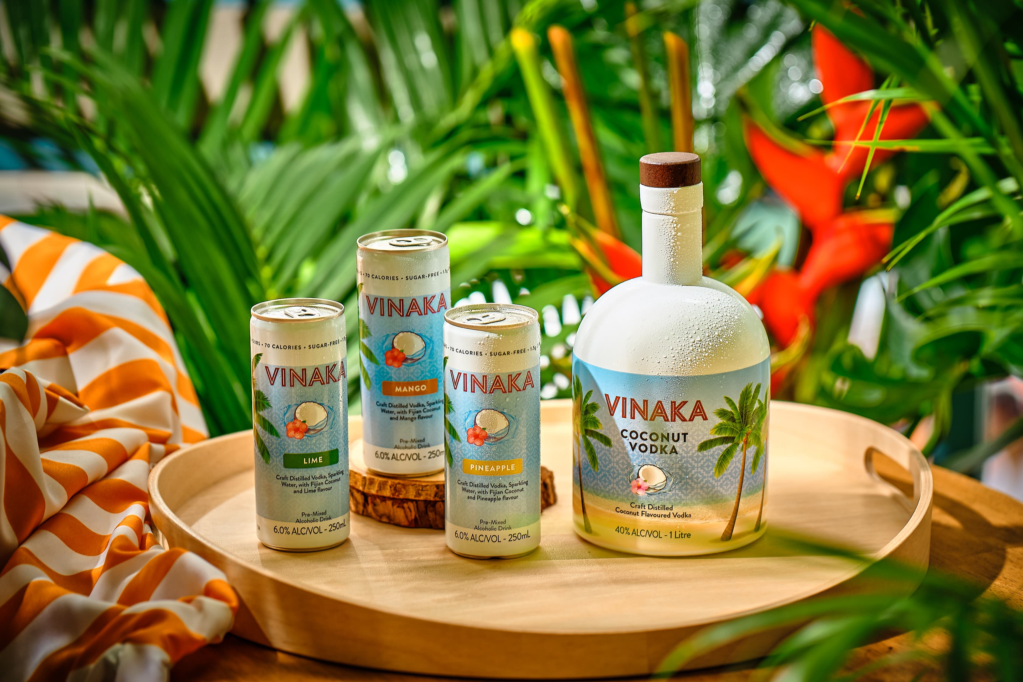 Vinaka Drinks range on tray in tropical setting